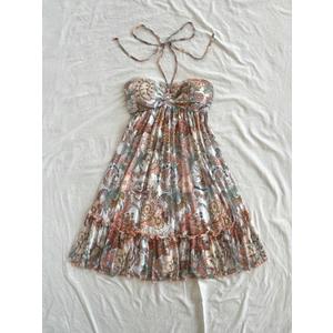 MakeMeChic Women's Paisley Print Ruched Halter Mini Dress Ruffle Tiered A Line Boho Dresses Khaki, Large