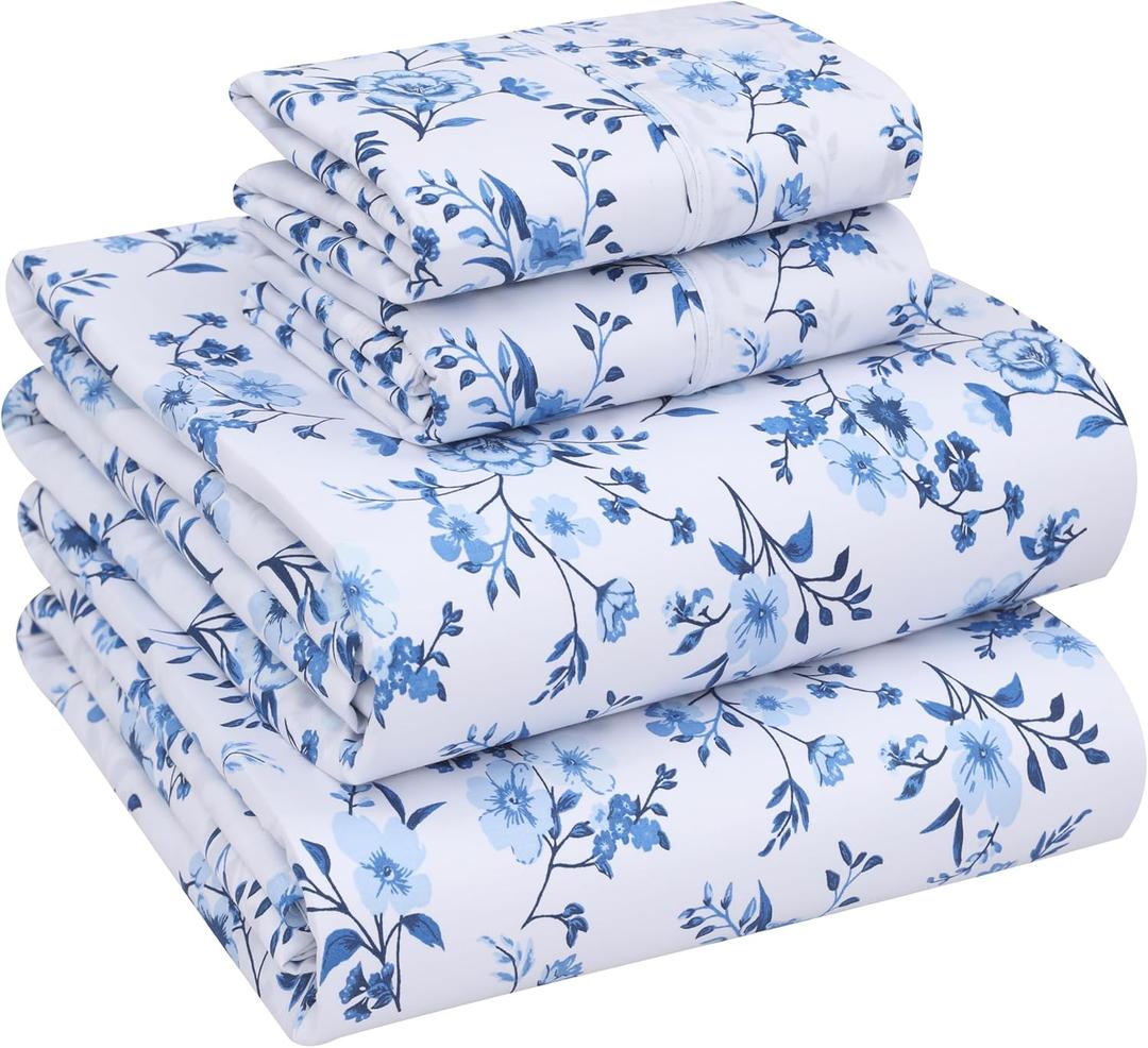 RUVANTI 100% Cotton California King Sheet Sets, 4 Pieces, Soft & Breathable Percale Weave Bedding, Deep Pocket 14", Hotel Standard, Crisp Cool Feel & Durable, Perfect Floral Sheets, Annual