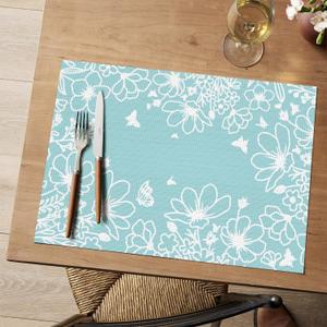 Artoid Mode Bule Weed Wild Flower Vinyl Plastic Placemats Set of 4, 12x18 Inch Woven Washable NonSlip PVC Place Mats for Party Kitchen Dining Decor, Blue