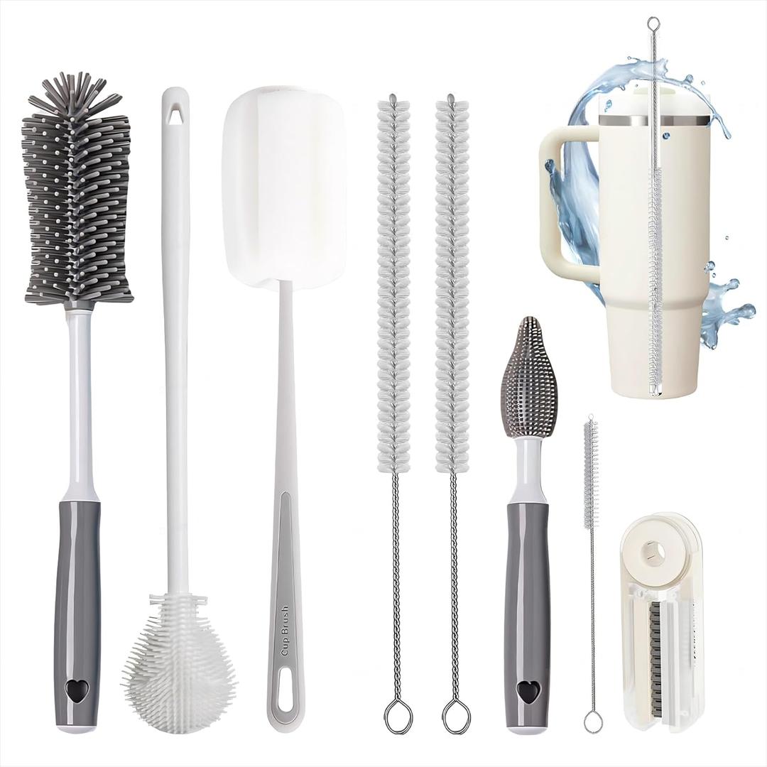 8Pcs Water Bottle Cleaner Brush - Multipurpose Cup Cleaner Kit with Long Nylon Straw Brush Long Handle Silicone Bottles Cleaning for Tumbler, Sports Water Bottle, Champagne Glass (Gray)
