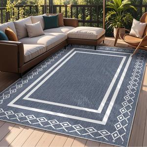 Outdoor Patio Rug, Outside Rectangular Carpet, Moroccan Geometric Rugs, Washable Large Indoor Outdoor Rug 6x9 Mats for RV, Picnic, Backyard, Deck, Balcony, Porch, Beach (Blue)