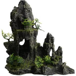 PENCK 11 Inch Large Aquarium Decor, Tall Resin Mountain Rock Cave with Plants for Natural Aquascape Realistic Fish Tank Decorations & Hiding Place for Betta, Shrimp, Cichlids