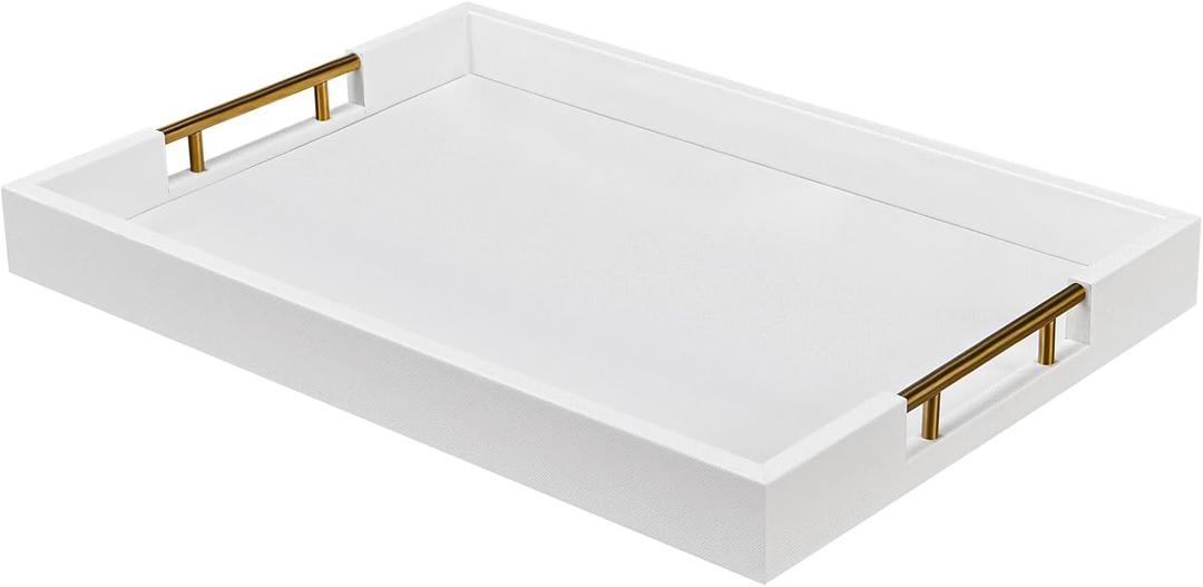 14x20 Inches White Faux Leather Wrapped Wood Serving Tray with Metal Handles for Various Occasions, Ottoman, Home Decor Decorative, Living Room, Coffee Table Organizer, Serving Breakfast On Bed