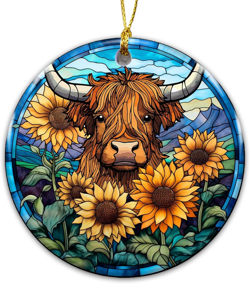 2 x Highland Cow Ornament 2025 with Sunflowers  Rustic Farmhouse Ornament, Scottish Cow Christmas Tree Decoration, Country Animal, Farm Lover Home Dcor, Countryside Rustic Keepsake