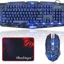 BlueFinger Gaming Keyboard and Mouse,USB Wired Backlit Gaming Mouse and Keyboard Combo,Letters Glow, 3 Color Crack Backlit,Illumination Keyboard and Mouse Set for Game and Work