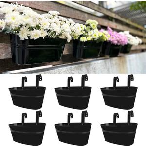 LaLaGreen Rail Planter Outdoor Plants (9.8 Inch, 6 Pack) Small and Cute Black Metal Iron Hanging Flower Pot Deck Railing Fence Buckets Countryside Style Window Box Plant Holder Hooks Porch Decor