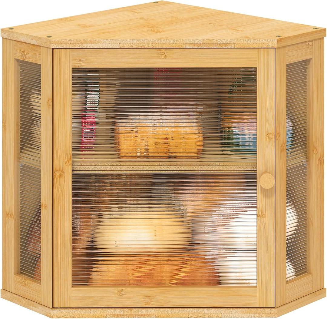 Corner Bread Box for Kitchen Counter, Bamboo Wood Large Capacity Bread Storage Bin with Acrylic Wavy Door Panel (Natural, Meduim) (Medium) Corner Bread Box for Kitchen Counter, Bamboo Wood Large Capacity Bread Storage Bin with Acrylic Wavy Door Panel (Natural, Meduim) (Medium)