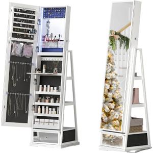 Jewelry Cabinet, 360 Swivel Jewelry Armoire with Storage, Full Length Mirror with LED, Lockable Standing Mirror for Cloakroom, Rotating Shelf and Bedroom, White