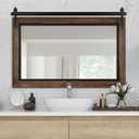 YOSHOOT Farmhouse Barn Door Mirror, 48"x30" Rustic Bathroom Mirror, Wood Frame Wall Mirror, Wooden Mirror for Living Room Bedroom Entryway Wall Dcor, Horizontal Hanging ONLY (Brown)