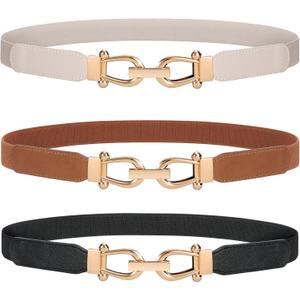 JASGOOD Women Stretchy Waist Belt Retro Elastic Skinny Belt for Ladies with Gold Buckle (M Belt Length 31in,Up to 35in, E-black+brown+beige)