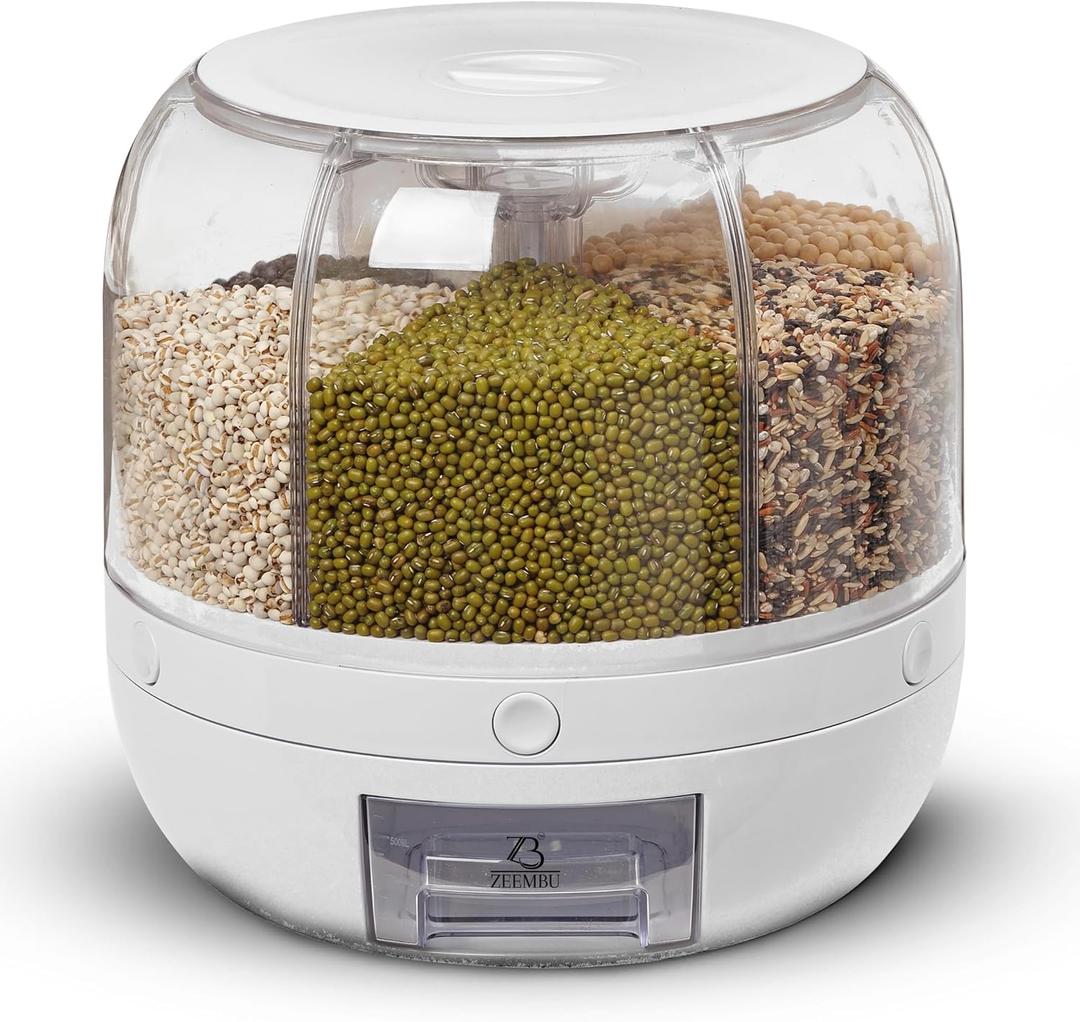 Grain and Rice Dispenser, 8 Quarts Rotating 360 Kitchen Dry Food Storage Container with 6 Compartments, Easy Disassembly for Cleaning, Compact Design