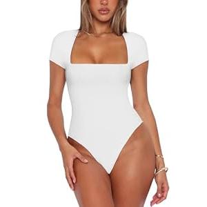 REORIA Womens Fashion Sexy Square Neck Double Lined Fitted Shirts Stretchy Short Sleeve Slimming Going Out Thong Bodysuit Tops White Large