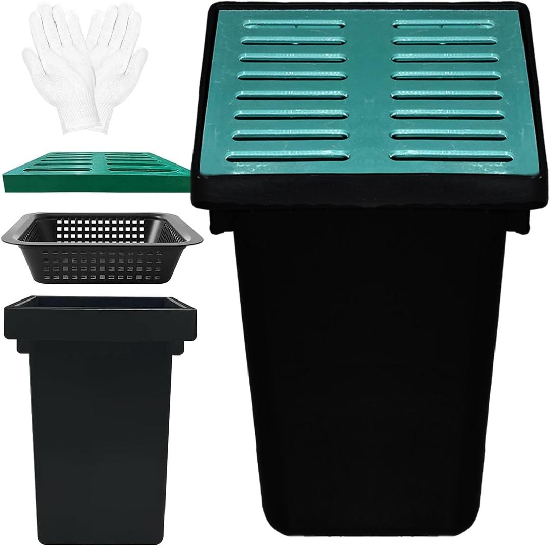 18x18x24 in Large Catch Basin for Drainage with Debris Basket,Catch Basin with Fiber Glass Grate,French Drain Catch Basin Without pre drilled Holes are Suitable for courtyards, downspouts, lawns