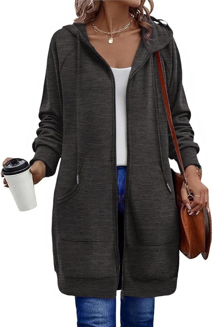 Zeagoo Women's Zip Up Hoodies Long Sleeve Long Tunic Sweatshirts Oversized Fleece Casual 2025 Fall Jacket Coat with Pocket (Large, Dark Grey)