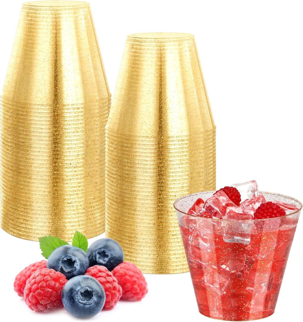 50 Pack 9 oz Gold Plastic Cups, Disposable Gold Glitter Plastic Cups, Fancy Durable Heavy-duty Plastic Glasses with Gold Glitter for Wedding, Parties, Thanksgiving, Christmas