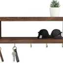 Lwenki Wall Shelf with Hooks  Decorative Key and Wallet Holder for Wall Holds Sunglasses, Leashes, Scarves and Lanyards  15.7" x 5.1" x 2.9" Entryway Organizer Made of Paulownia Wood (Brown)