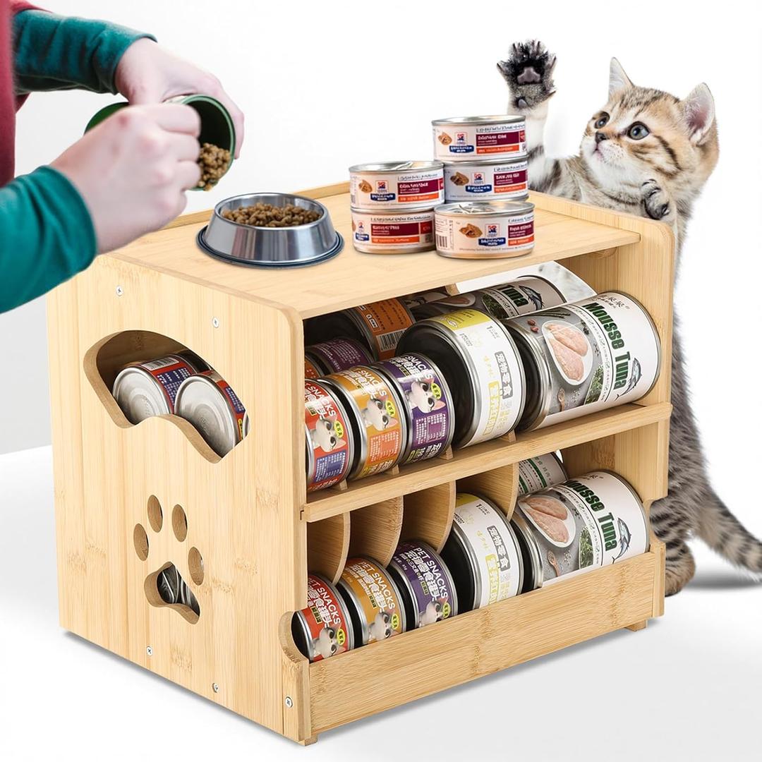 Bamboo Cat Food Can Organizer. Upgraded 2-tier stackable design Holds 42 (3oz) cans. Perfect for pantry/kitchen Durable & space-saving pet food storage rack (Small)