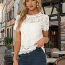 Allegra K Women's Lace Top Summer Floral Scalloped Trim Short Sleeve Semi Sheer Tops (White, S)