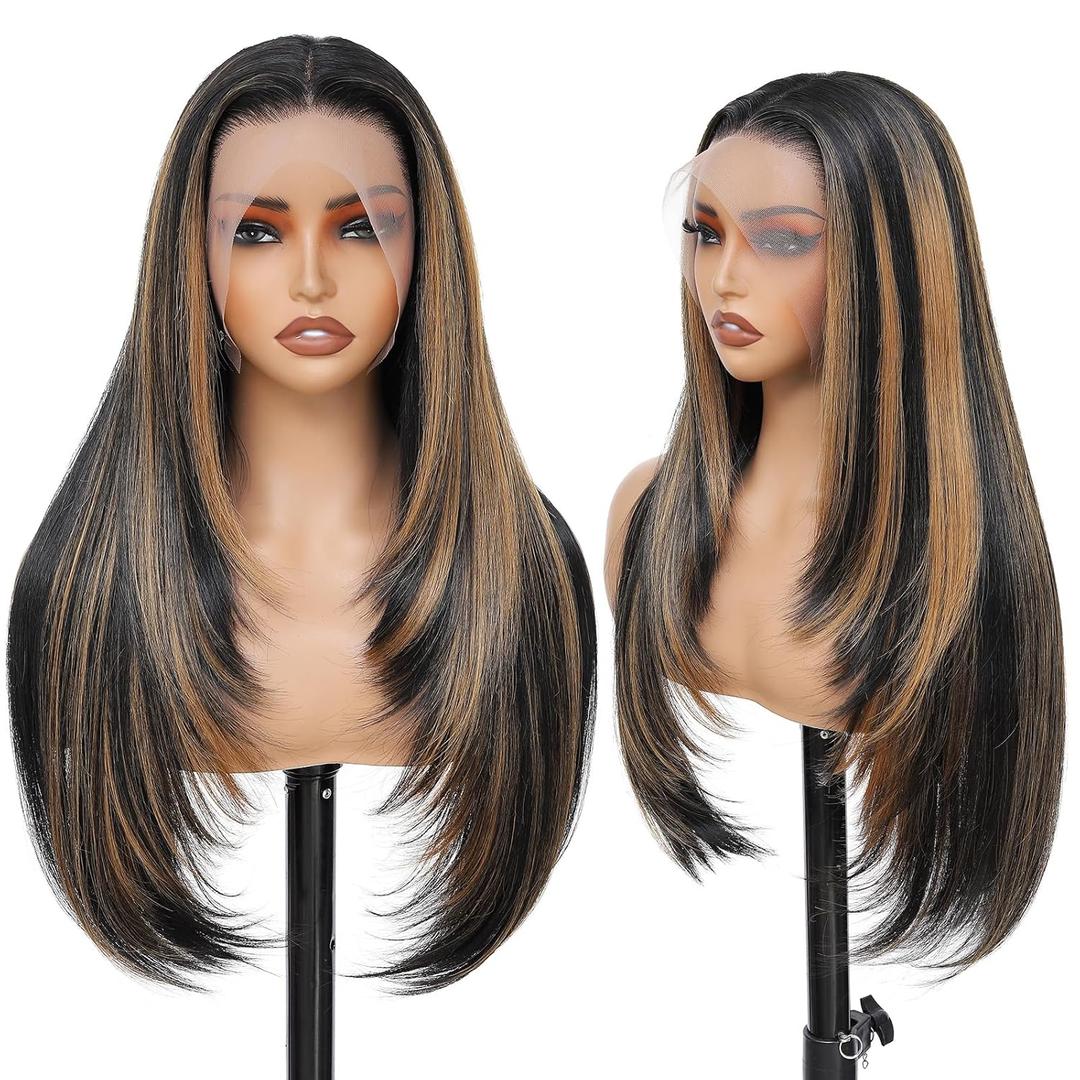 Synthetic Lace Front Wig 13x4 HD Lace Layered Hairstyle Pre Plucked Hairline Straight Long Black Glueless Wigs for Black Women 26 Inch Beginner Friendly (1B/27#)