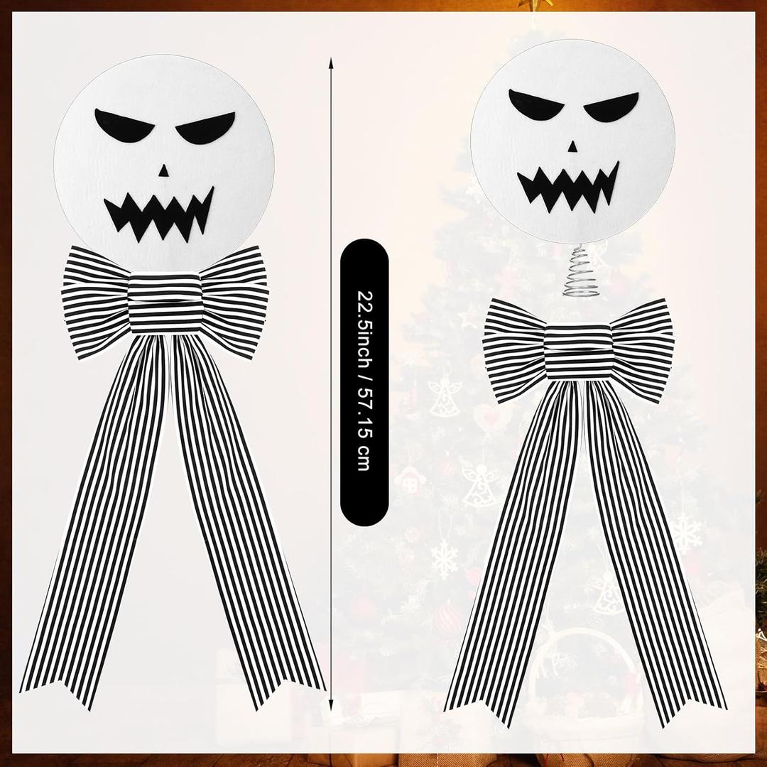 22.5 Inch Christmas Tree Topper Decorations Black and White Bow Christmas Ornaments Skeleton Gothic Xmas Decor Black Tree Topper for Xmas Party Decor Home