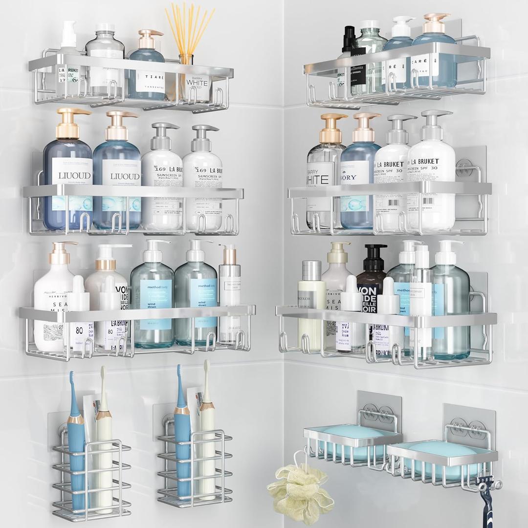 10 Pack Shower Caddy Organizer Rack Shelf for Inside Shower, Self Adhesive Wall Storage Basket Rustproof Stainless Steel Shampoo Holder Bathroom Accessory Decor Set, Silver