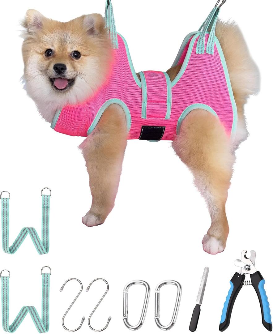 Dog Grooming Hammock,XS Pink Hanging Harness Holder for Nail Clipping/Trimming,Grooming Sling Hanger with Thick Fabric Neck Support,Strap Restraint for Claw Care (X-Small 8-14 LB/Pink)