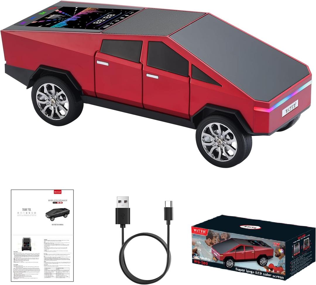 WS-580 Cybertruck Portable Bluetooth Speaker, Replica Car with Display Screen, HD Sound, TWS Pairing, FM Radio, Built-in Mic, Remote Selfie Control, LED Party Light, Gift for Car Lovers (Red)