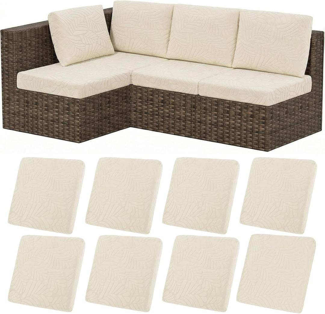 HEBE Stretch Patio Cushion Covers Set 8pcs, Waterproof Outdoor Couch Covers Replacement,Washable Reusable Seat Cushion Slipcovers for Patio Furniture Protector,Chair Cushion Cover