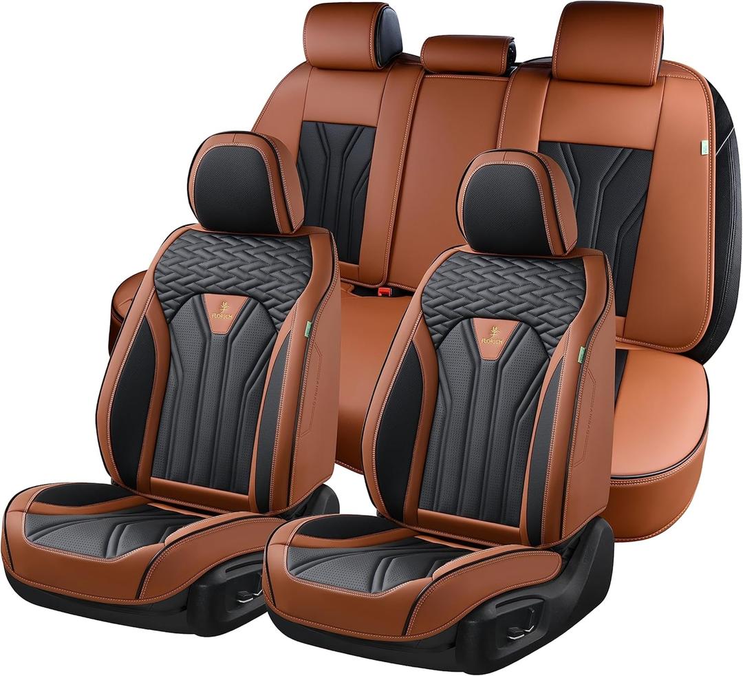 FLORICH Leather Seat Covers, Seat Covers Full Set, Car Seat Protectors 5 Seats,Automotive Seat Covers Fit for Most Cars Trucks-Brown&Black