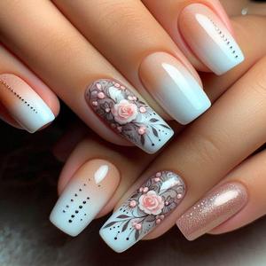 Medium Length Press on Nails Square Fake Nails Pink Gradient False Nails Flower Glitter Gold Foil Design Cute Press ons Nail Spring Summer Acrylic Full Cover Stick on Nails for Women Girls, 24 Pcs
