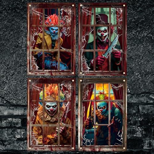 Patelai 2 Pcs Scary Halloween Ghost Curtain Halloween Window Silhouette Decoration Horror Window Door Cover Spooky Poster Screen for Indoor Outdoor Party Decor (Bloody Clown)