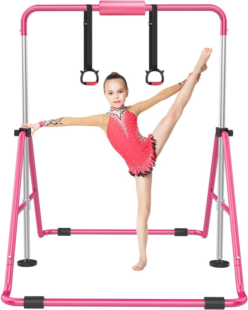 RINREA Gymnastic Bars for Kids with Adjustable Height, Folding Gymnastic Training Kip Bar, Expandable Horizontal Bar for Home (Pink)