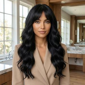 26 '' Black Body Wave Wig for Women with Air Bangs - Natural - Looking Heat Resistant Synthetic Wig, Comfortable Breathable Cap, for Daily Wear&Cosplay