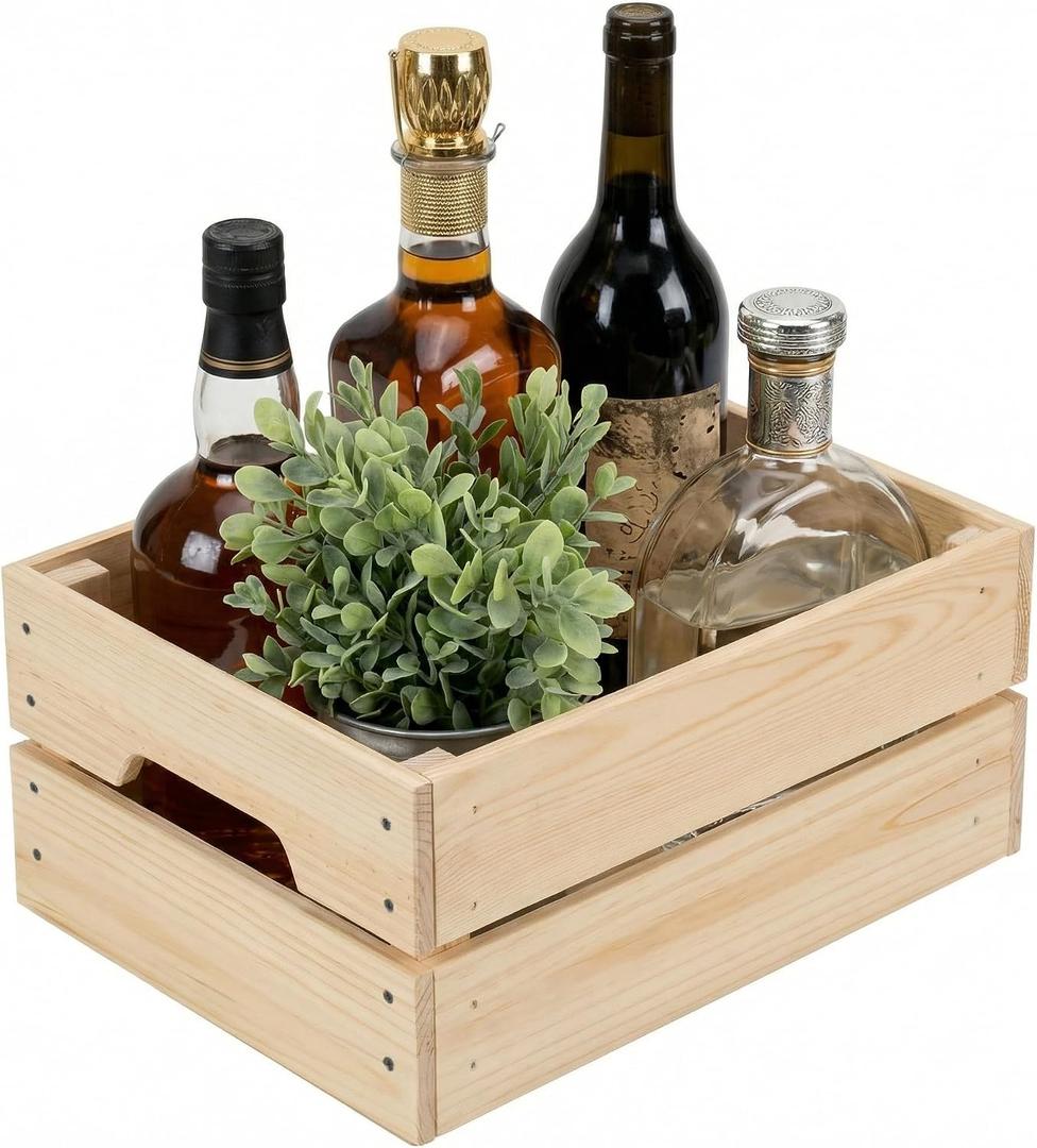 WOPITUES Wooden Crate,Wood Crates for Storage,Stackable Pantry Bins and Pantry Organizers with Handles,Pantry Baskets,Wooden Box for Pantry,Kitchen,Garden,Garage,Display, Nature Wood
