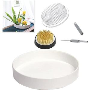 Japanese Ikebana Kit Floral Frog Flower Container with 1Pcs 9inch Plastic Bowl Vase Pot, 1Pcs 1.57inch Kenzan, 1Pcs 2.76inch Plastic Kenzan, 1Pcs 2 in 1 Kenzan Tool-Clean and Straighten Pin (Set B)
