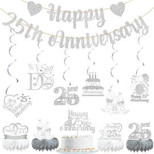 Happy 25th Anniversary Banner Cheers to 25 Years Silver Wedding Anniversary Party Decorations Supplies Cake Topper Hanging Swirls Honeycomb Centerpiece