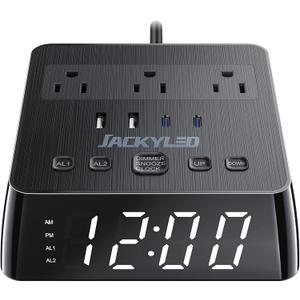 JACKYLED Alarm Clock with 4 USB Chargers Power Strip 3 Outlets 1700J Surge Protector Nightstand Dimmable Digital Clock with Dual Alarm and Snooze Function for Bedroom, Full Screen LED Display (Black)