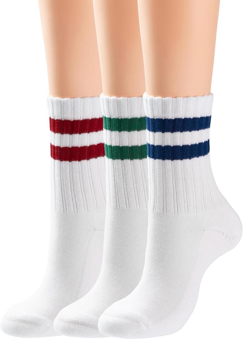 BomKinta Womens Striped Crew Socks - Retro Above Ankle Cotton Sock - Casual Cozy Athletic Style Socks Gifts Size 5-10