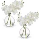 Oairse White Orchids Artificial Flowers Faux Orchid Arrangement with Clear Glass Vase Set of 2 Real Touch Phalaenopsis Orchid Flowers Orchid Centerpiece for Dining Room Table