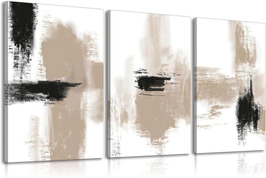 3Pcs Neutral Abstract Canvas Wall Art Black Beige Picture Wall Decor Modern Minimalist Aesthetic Poster Prints Elegant Living Room Artwork Painting Home Decoration for Bedroom Office 12x16in Framed