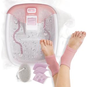 Homedics Bubble Bliss Deluxe Footbath Gift Set  Heated Foot Spa with Invigorating Bubbles, 3 Massage Attachments, Pumice Stone, Moisturizing Heel Socks & Splash Guard for Ultimate Relaxation (Pink)