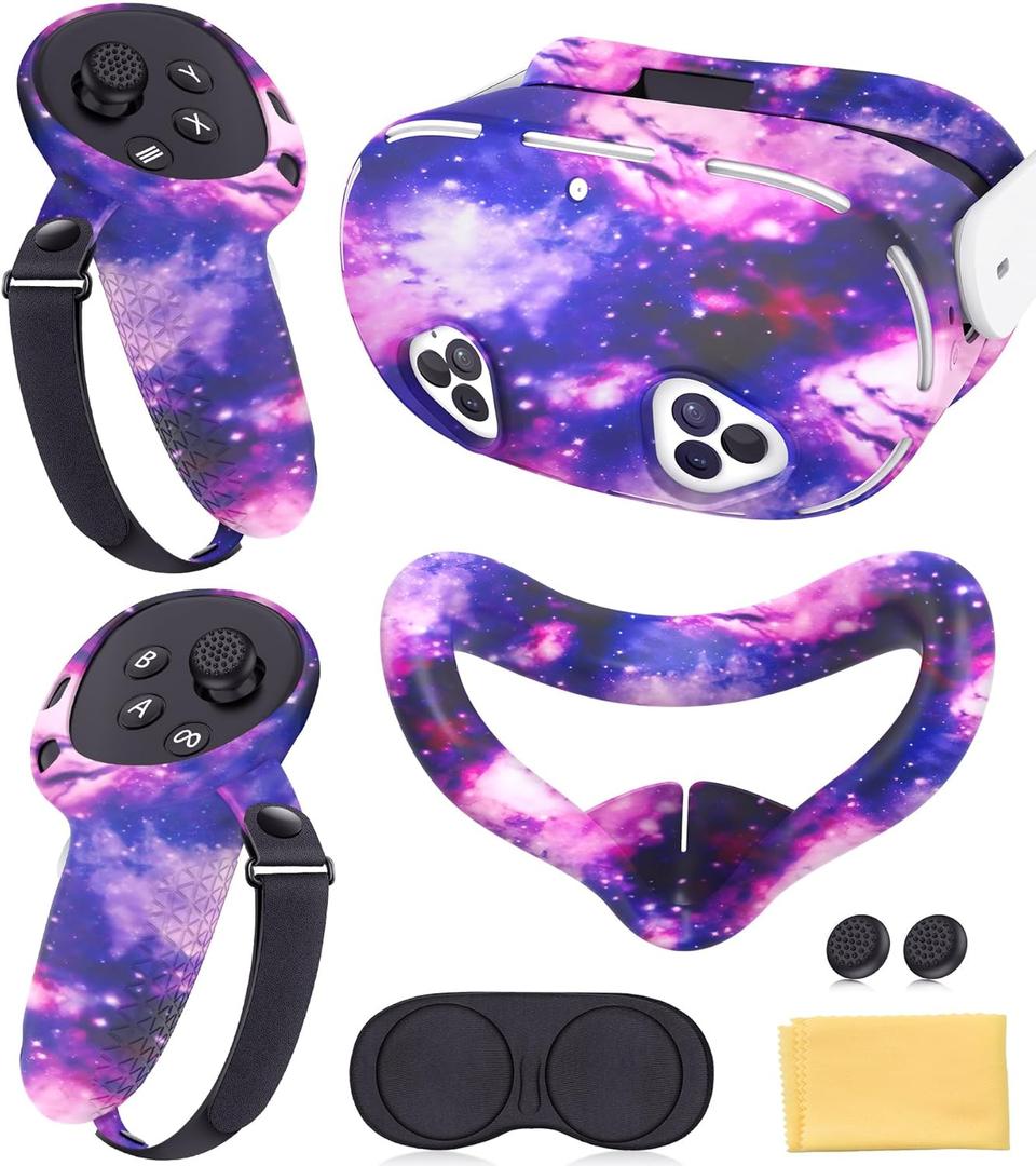 Silicone Cover Set Compatible with Meta Quest 3S Accessories, VR Protector Face Cover, Controller Grips, Front Shell Headset and Lens Protective (Starry Sky Purple)