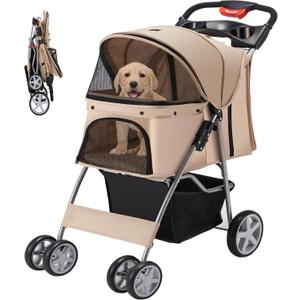 Pet Stroller, 4 Wheels Pet Strolling Cart for Medium/Small Dogs and Cats, Foldable Cat Jogger/Dog Stroller with Cup Holder, Storage Basket, Breathable Mesh, All-Season Pet Carrier, Khaki