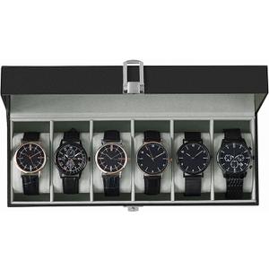 SONGMICS Watch Box, 6-Slot Watch Case Organizer with Large Glass Lid, Removable Pillows, Gift for Loved Ones, Black Synthetic Leather, Greenish Gray Lining UJWB06BK (1 layer)