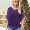 Uhiger 3/4 Length Sleeve Womens Tops V Neck Chiffon Blouse Dressy Casual Double Layered for Weekend Outings and Everyday Wear (Purple, XXL)