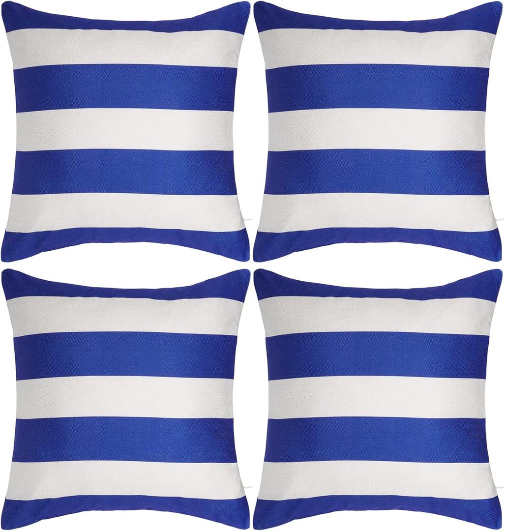4 Pack Waterproof Pillow Covers Outdoor Throw Pillowcases Decorative Garden Cushion Case for Home Garden Patio Couch Balcony Striped (18 * 18 inch, Blue & White)
