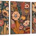 Burnt Orange Boho Floral Framed Canvas Wall Art, 3 Pieces Mid Century Vintage Botanical Wall Decor, Wildflower Artwork Neutral Plant Art Prints for Living Room Bedroom Hallway Office, 16x24In