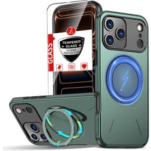 for iPhone 17 Pro Max Case with 360Rotatable Invisible Magnetic Kickstand Ring[Compatible with MagSafe] [2*Screen Protectors] for iPhone 17 Pro Max Phone Case Military-Grade Shockproof Green