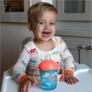 Nuby No-Spill Two Handle Babys First Soft Spout Cup with Hygienic Cover | 2 pack: Aqua Travel & Blue Cars or Aqua Ocean & Pink Animals | 8oz/ 240 ml | 4+ Months | 2 pack