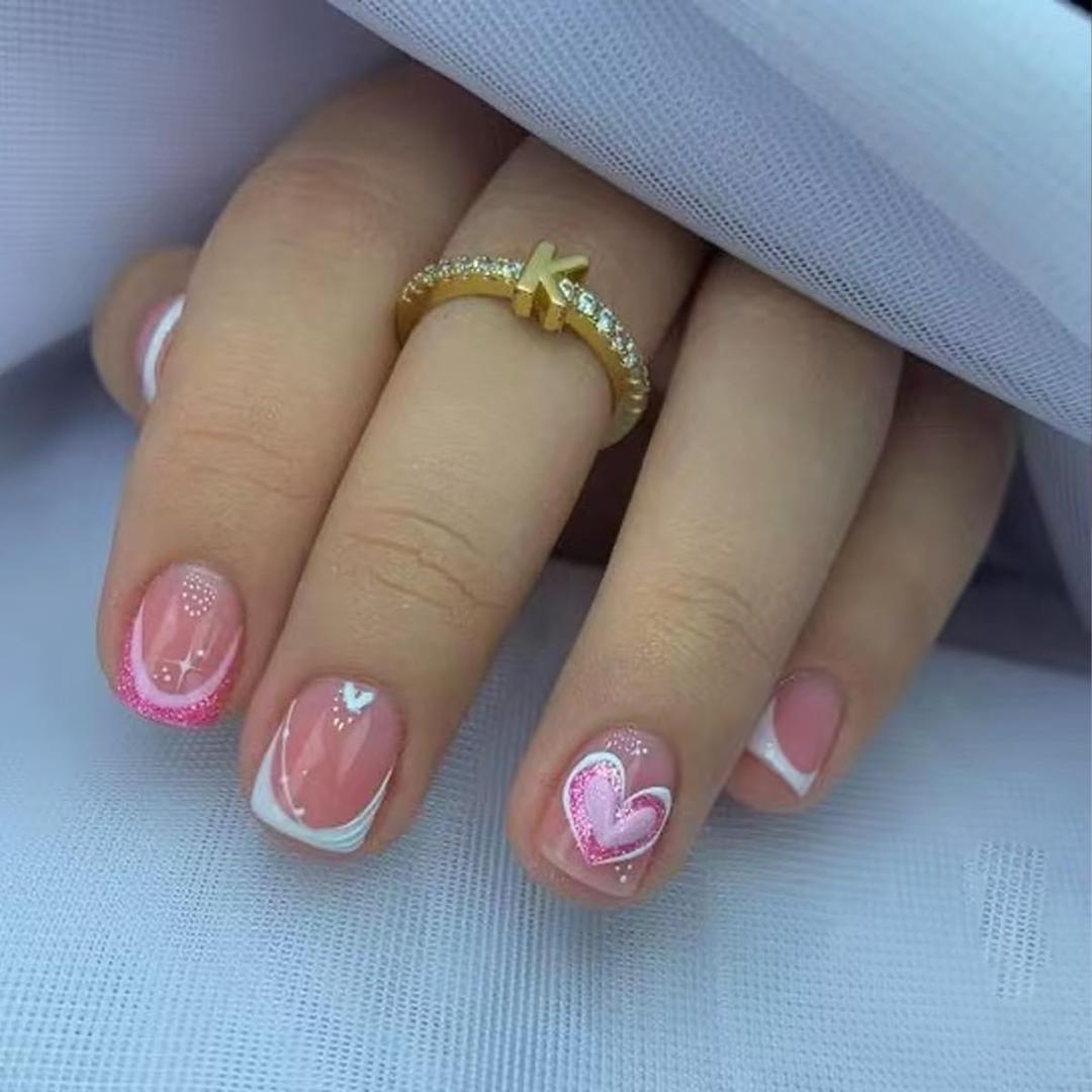 Valentine Pink French Tip Fake Nails Short Press on Nails Heart Glitter Square False Nails with Deigns Glossy Valentine Glue on Nail White Tip Acrylic Nails Full Cover Stick on Nail for Women